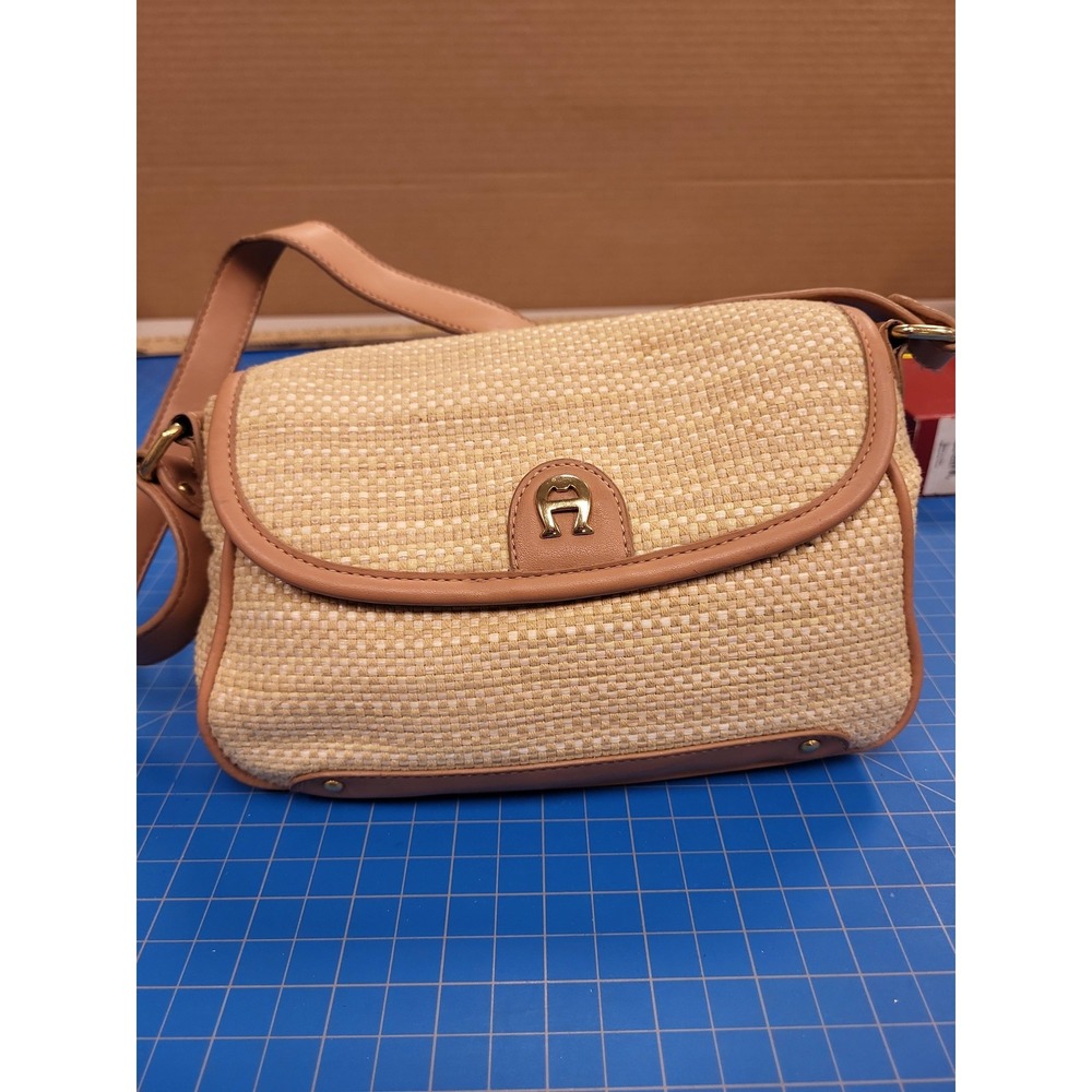 Aigner Straw Crossbody‎ Bag Purse Designer Handbag Woven Leather Trim Small